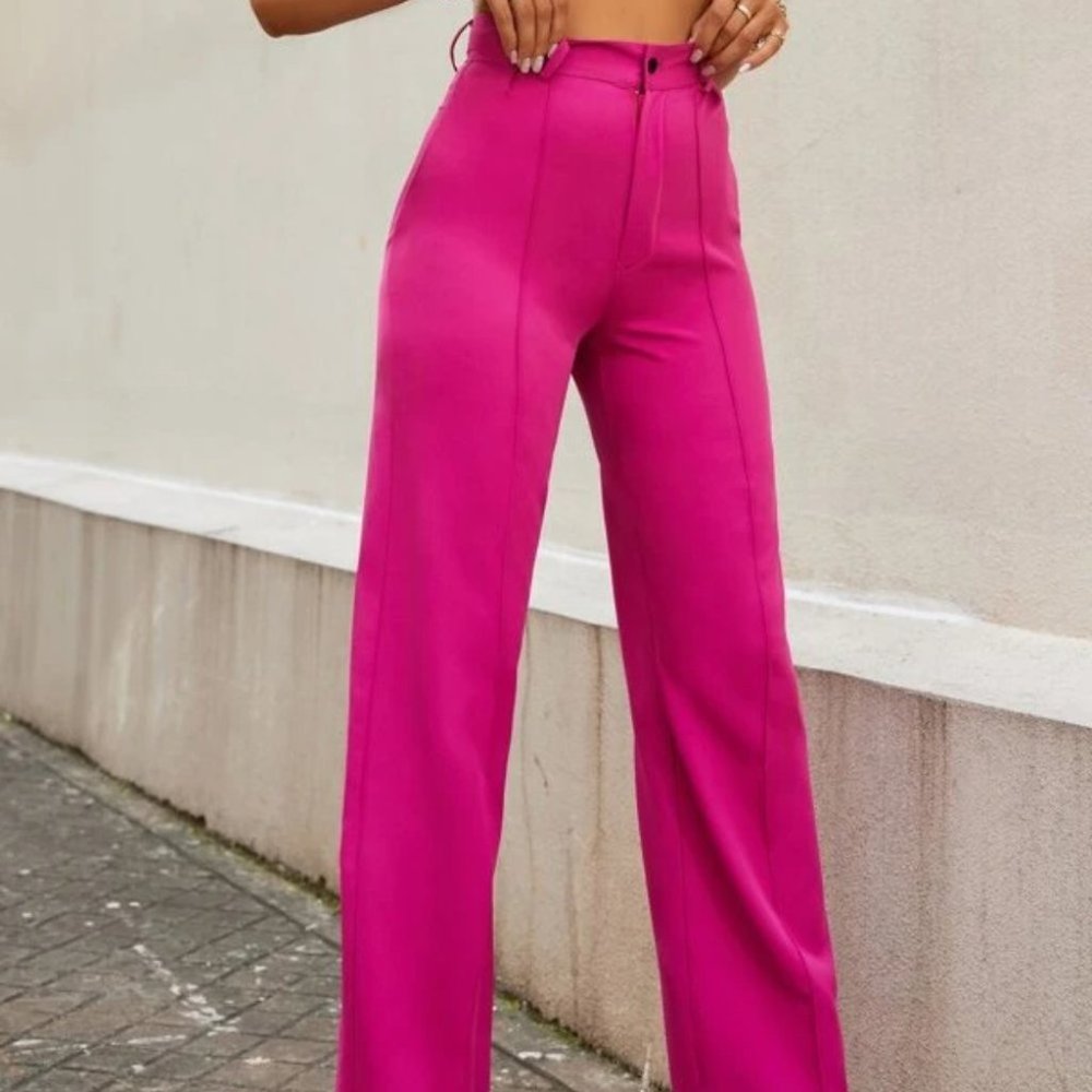 Classic Colorpop High Waist Seam Detailed Pink Straight legged Pants - Picture 5 of 8